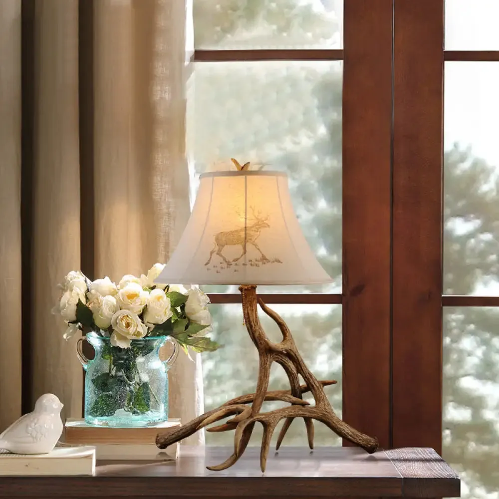 Traditional Wood Barrel Desk Lamp with Branch Design - White Fabric Shade - Bedroom Reading Light
