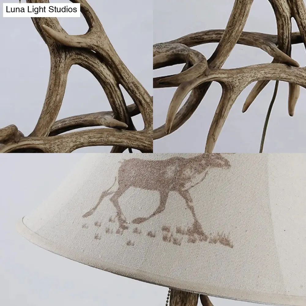 Traditional Wood Barrel Desk Lamp with Branch Design - White Fabric Shade - Bedroom Reading Light