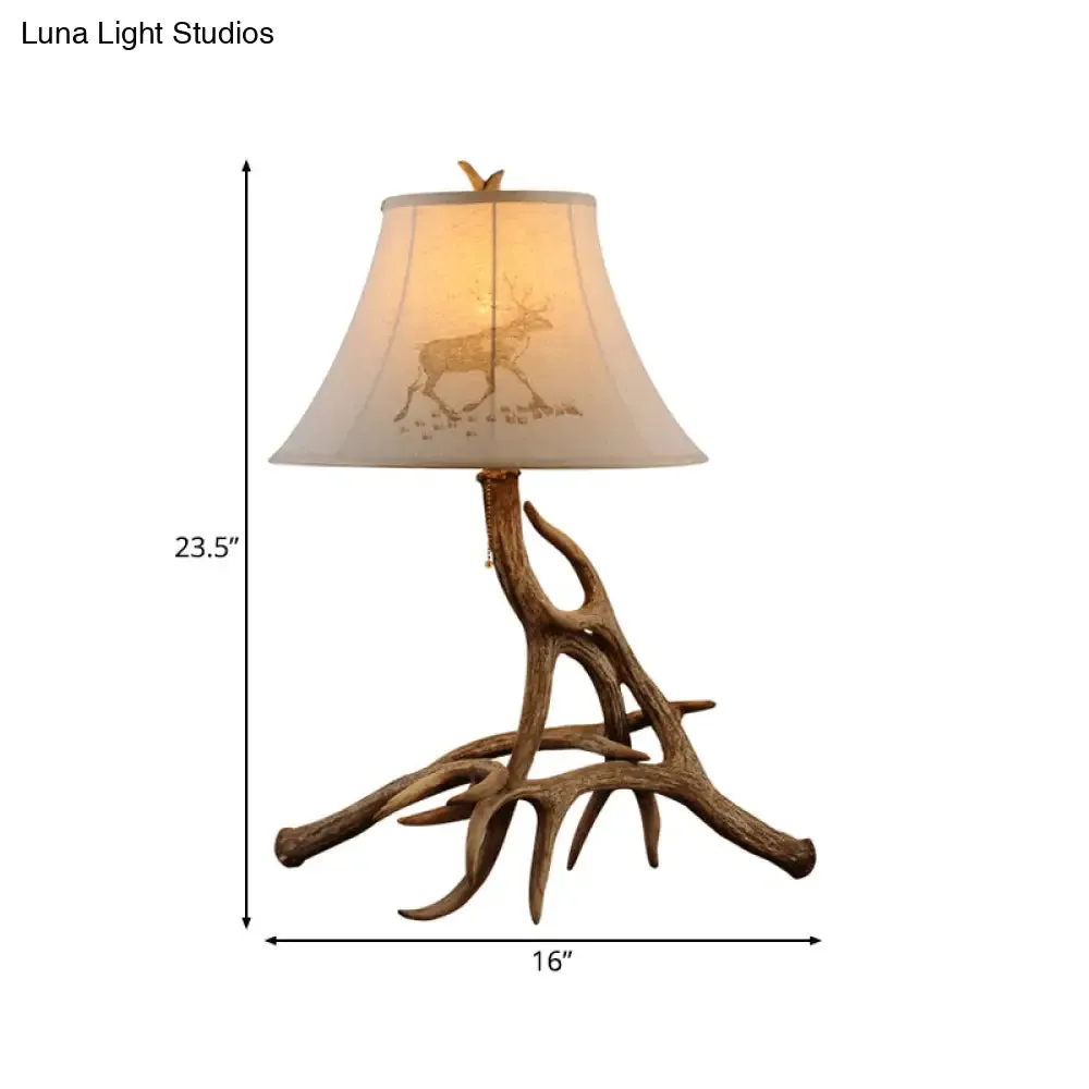 Traditional Wood Barrel Desk Lamp with Branch Design - White Fabric Shade - Bedroom Reading Light