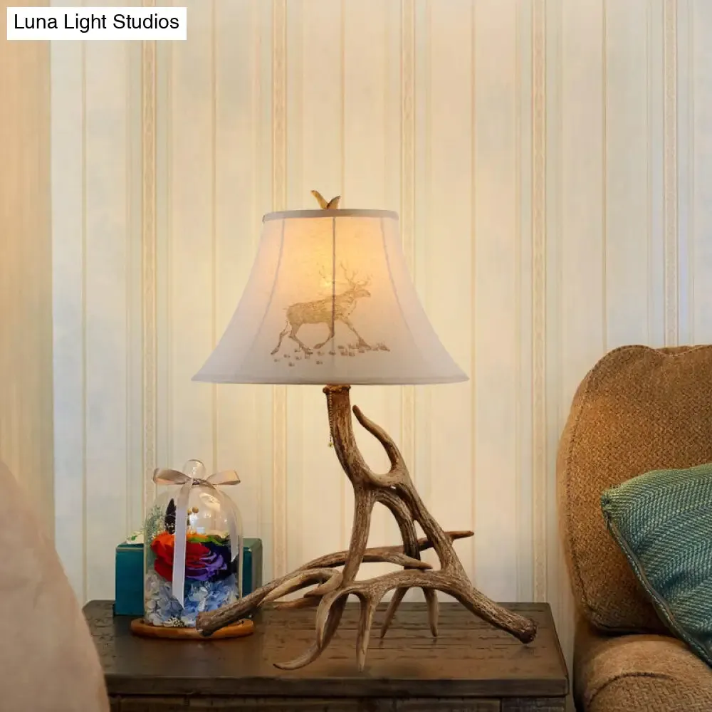 Traditional Wood Barrel Desk Lamp with Branch Design - White Fabric Shade - Bedroom Reading Light
