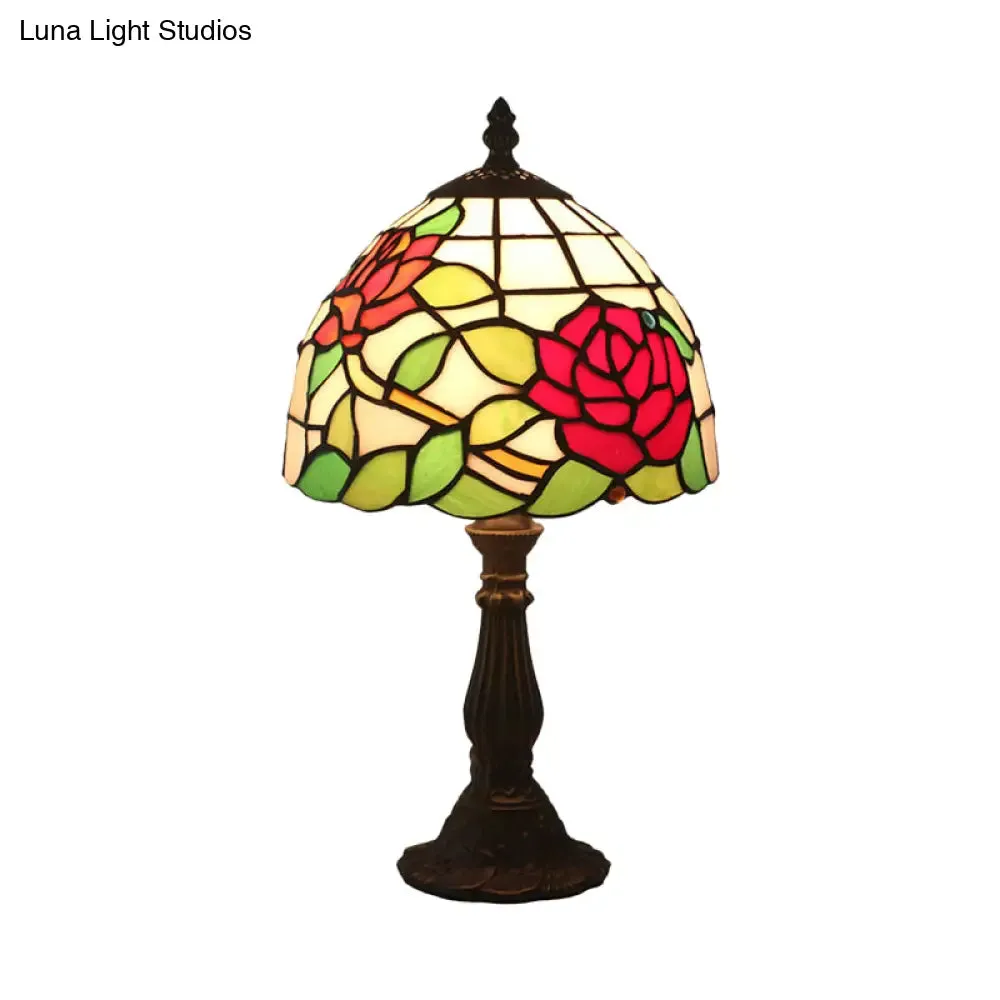 Victorian Dome Shade Night Lamp with Stained Art Glass Rose Pattern - 1-Light Desk Lighting for Bedroom in Red/Pink/Blue