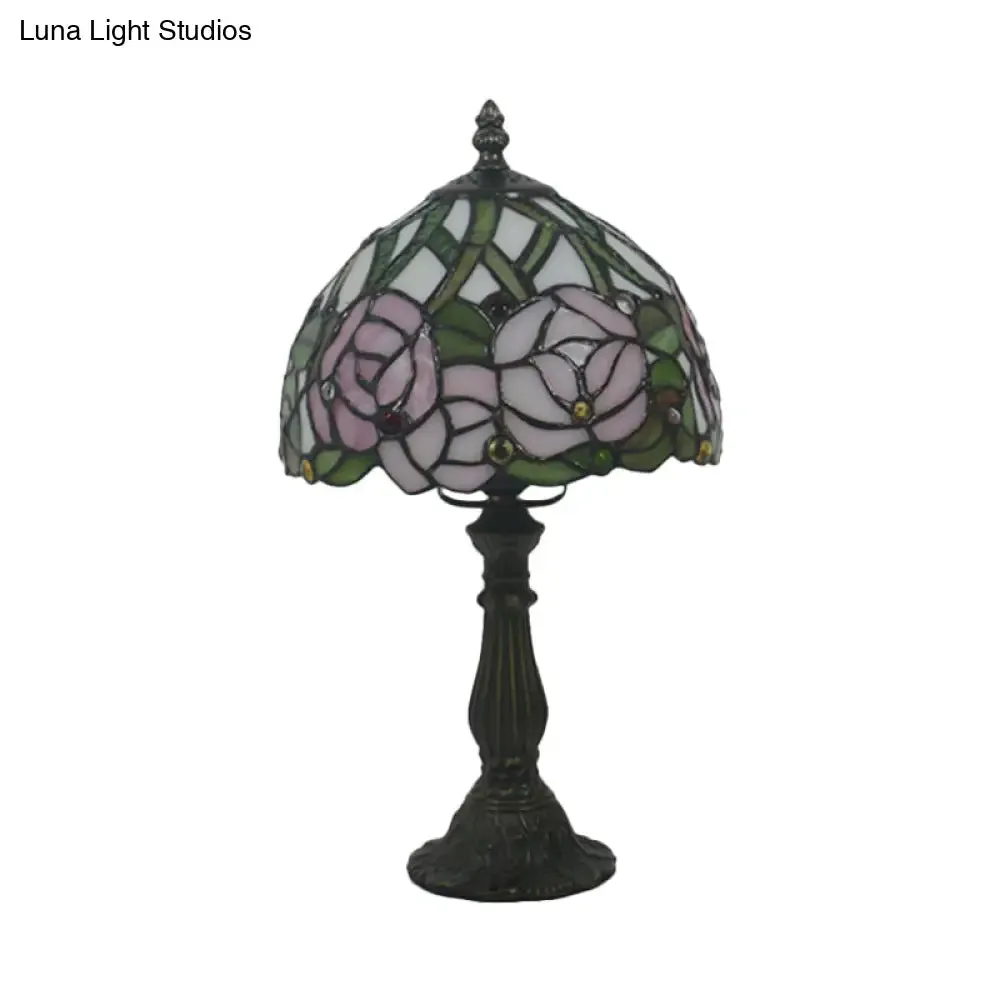 Victorian Dome Shade Night Lamp with Stained Art Glass Rose Pattern - 1-Light Desk Lighting for Bedroom in Red/Pink/Blue