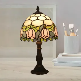 Victorian Dome Shade Night Lamp with Stained Art Glass Rose Pattern - 1-Light Desk Lighting for Bedroom in Red/Pink/Blue