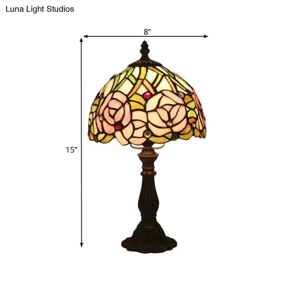 Victorian Dome Shade Night Lamp with Stained Art Glass Rose Pattern - 1-Light Desk Lighting for Bedroom in Red/Pink/Blue
