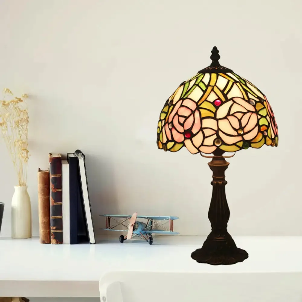 Victorian Dome Shade Night Lamp with Stained Art Glass Rose Pattern - 1-Light Desk Lighting for Bedroom in Red/Pink/Blue
