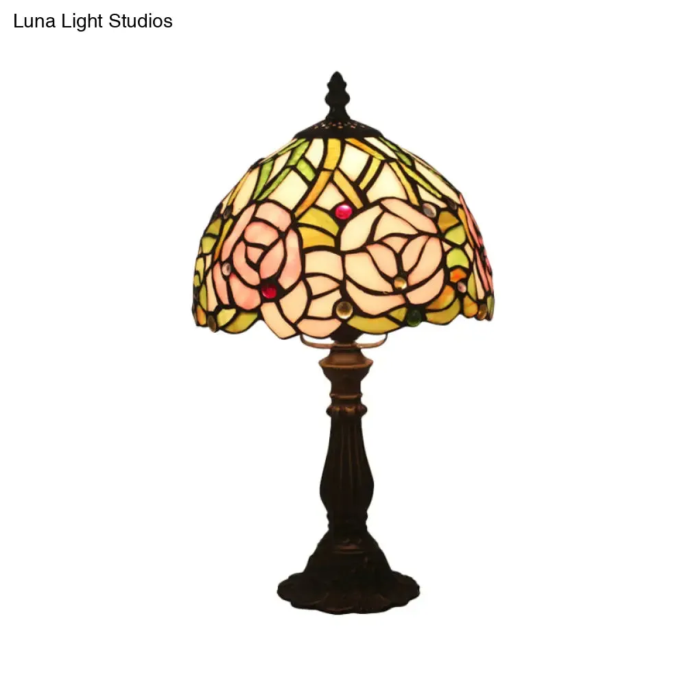 Victorian Dome Shade Night Lamp with Stained Art Glass Rose Pattern - 1-Light Desk Lighting for Bedroom in Red/Pink/Blue