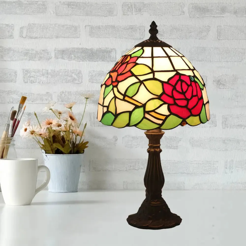 Victorian Dome Shade Night Lamp with Stained Art Glass Rose Pattern - 1-Light Desk Lighting for Bedroom in Red/Pink/Blue