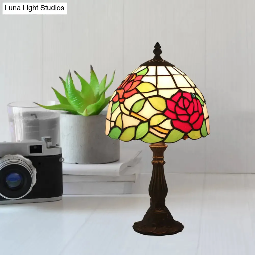 Victorian Dome Shade Night Lamp with Stained Art Glass Rose Pattern - 1-Light Desk Lighting for Bedroom in Red/Pink/Blue