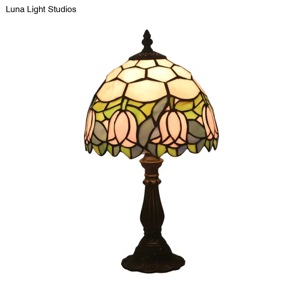 Victorian Dome Shade Night Lamp with Stained Art Glass Rose Pattern - 1-Light Desk Lighting for Bedroom in Red/Pink/Blue