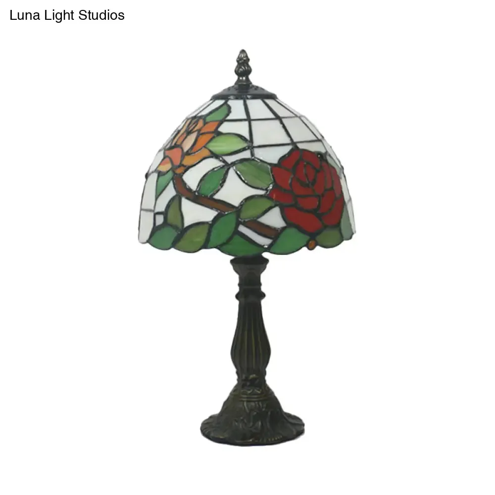 Victorian Dome Shade Night Lamp with Stained Art Glass Rose Pattern - 1-Light Desk Lighting for Bedroom in Red/Pink/Blue