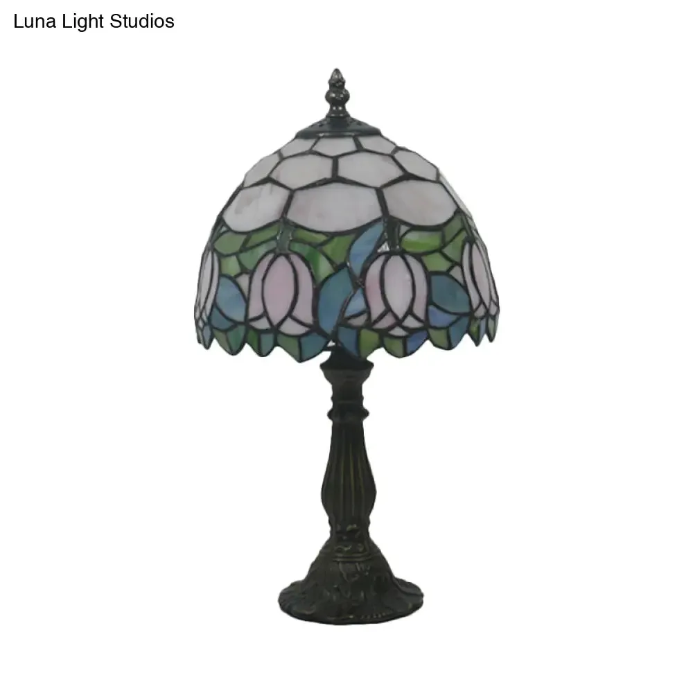 Victorian Dome Shade Night Lamp with Stained Art Glass Rose Pattern - 1-Light Desk Lighting for Bedroom in Red/Pink/Blue