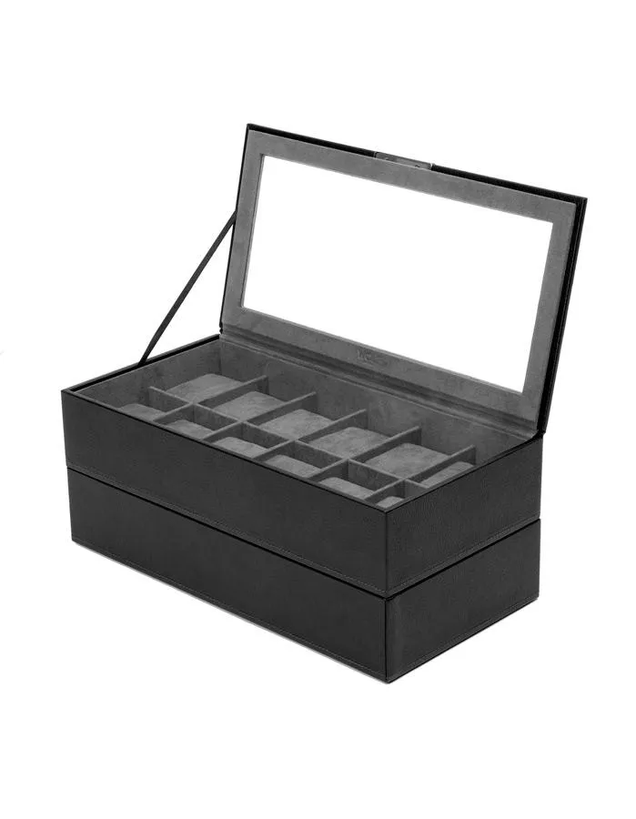 Wolf Set of 2 Stackable 12 Piece Watch Trays - Black Pebble Case - Glass Lid
