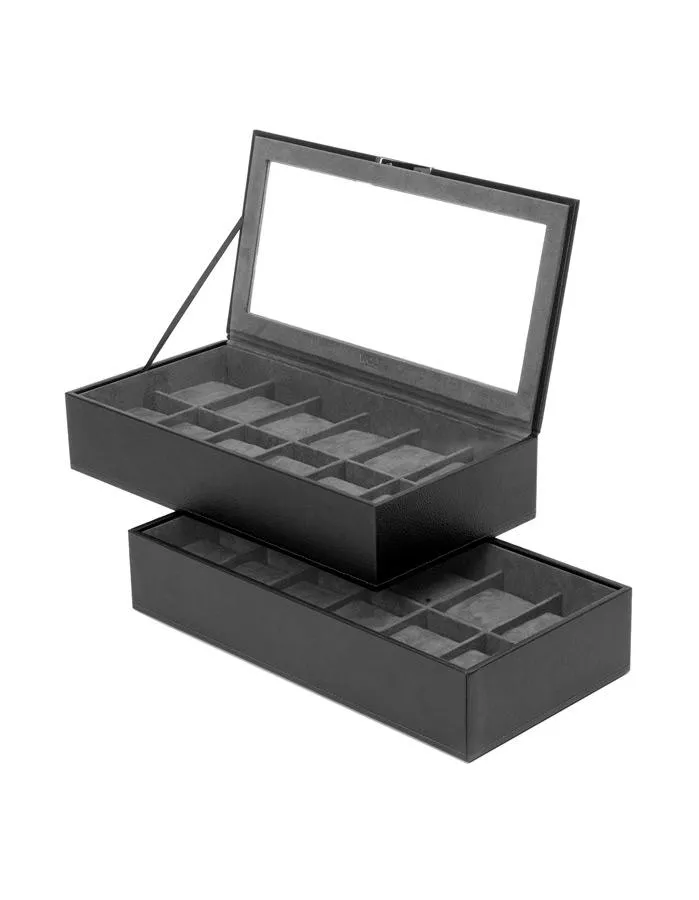 Wolf Set of 2 Stackable 12 Piece Watch Trays - Black Pebble Case - Glass Lid