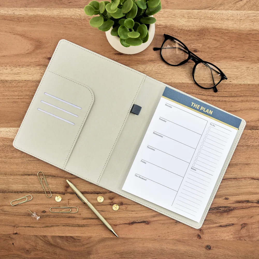 Work   Life Black Shadow - Linen   Cork Notepad Folder - Weekly Overview - 52 Sheets